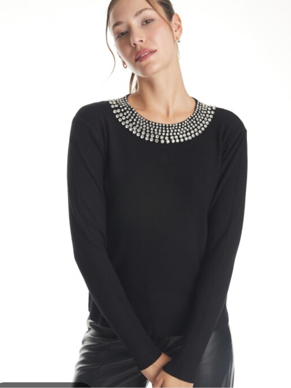 Milano Black Long-Sleeve Sweater with Crystal-Embellished Neckline